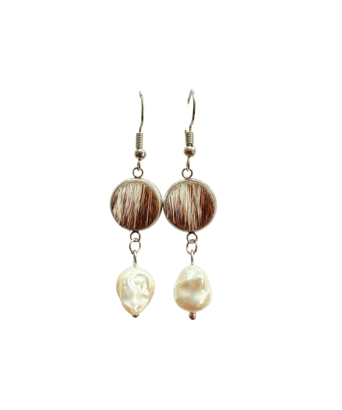 J6672A - 100% Hair on Hide Earrings with Pearl Drop - Rawhide Western Wear 