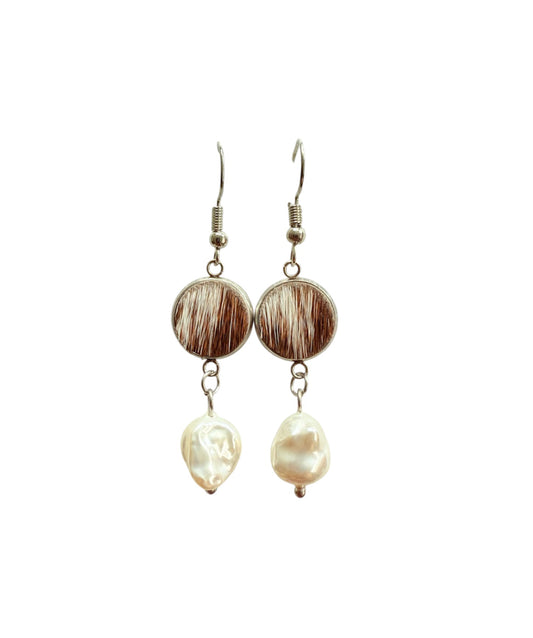 J6672A - 100% Hair on Hide Earrings with Pearl Drop - Rawhide Western Wear 