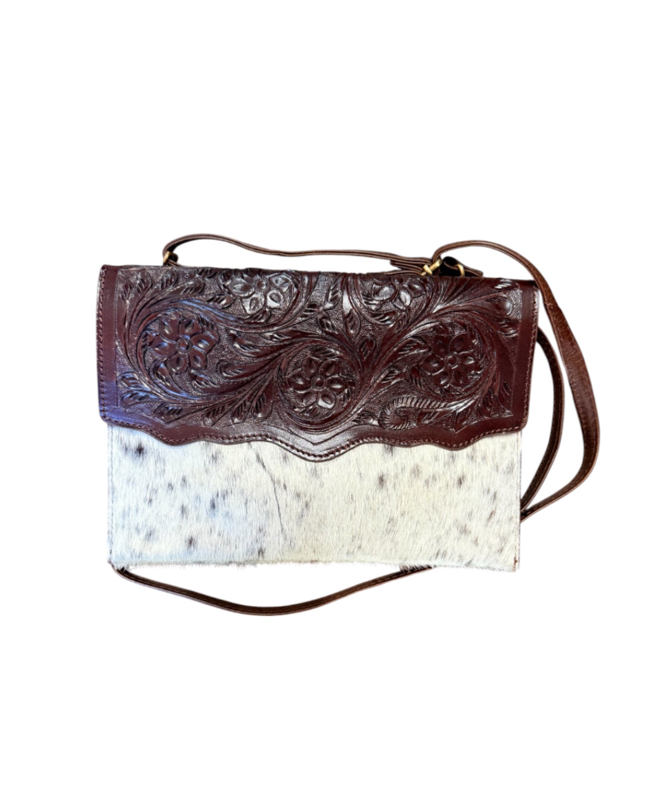 77051B - Dark Leather Crossbody Bag with Black and White hair on cowhide