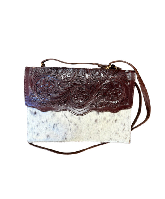 77051B - Dark Leather Crossbody Bag with Black and White hair on cowhide