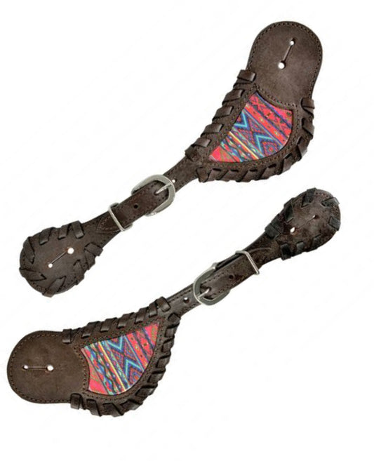 14714SS - Ladies Pink Aztec Print leather spur straps
