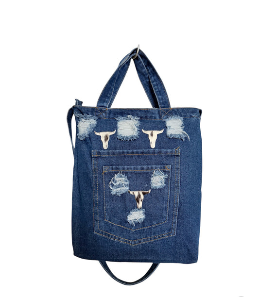 A8114A - Denim Cross Body/Shoulder Bag w Real Cowhide