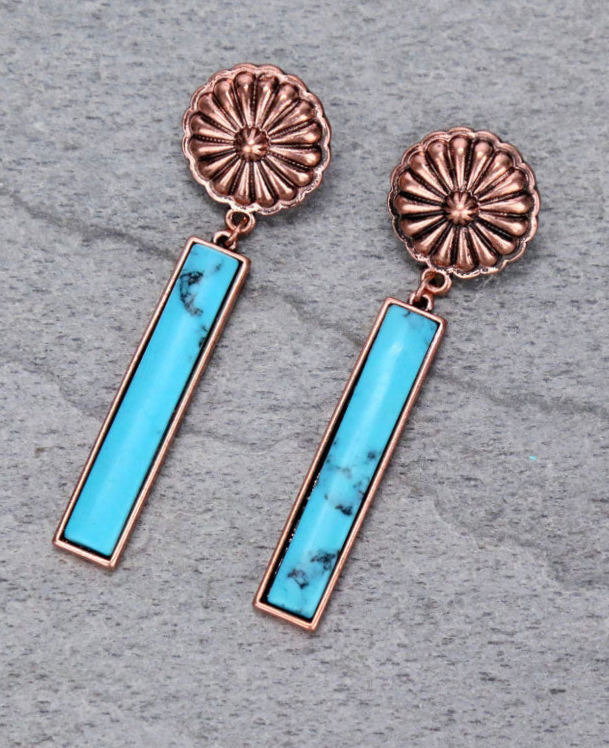 J6619 - Copper Concho with Stone Bar Drop Stud Earrings