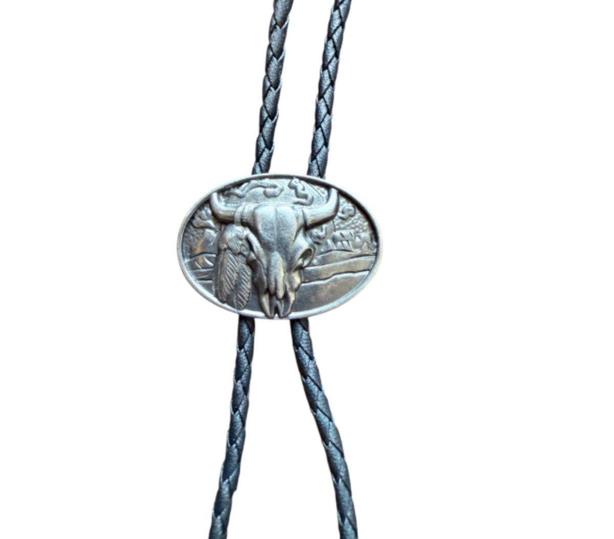 J7083 - Bolo Tie w Bull Skull & Feather - Rawhide Western Wear 