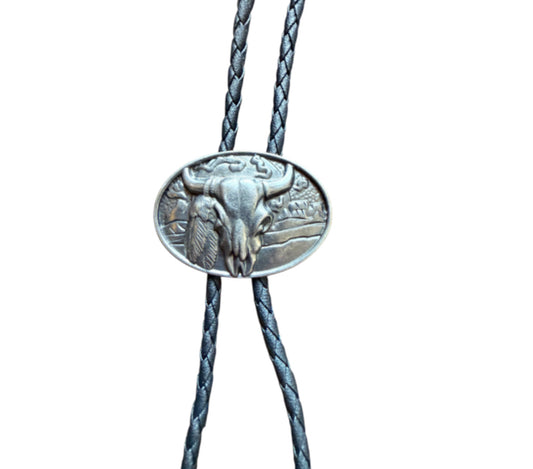 J7083 - Bolo Tie w Bull Skull & Feather - Rawhide Western Wear 