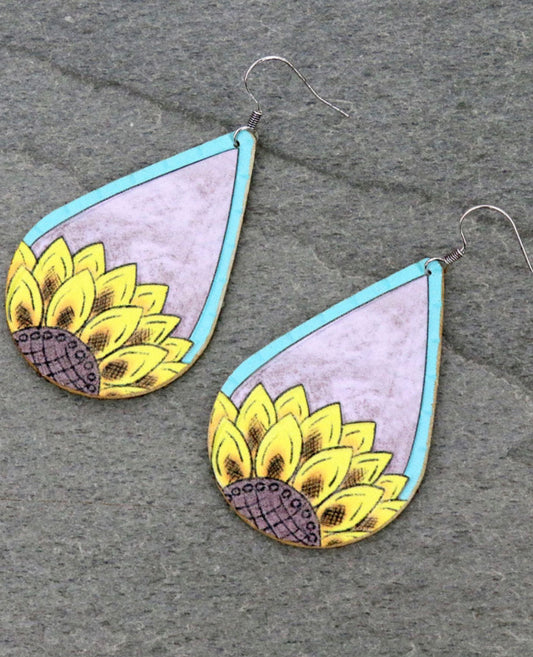 J6617 - Sunflower Teardrop Leather Dangle Earrings