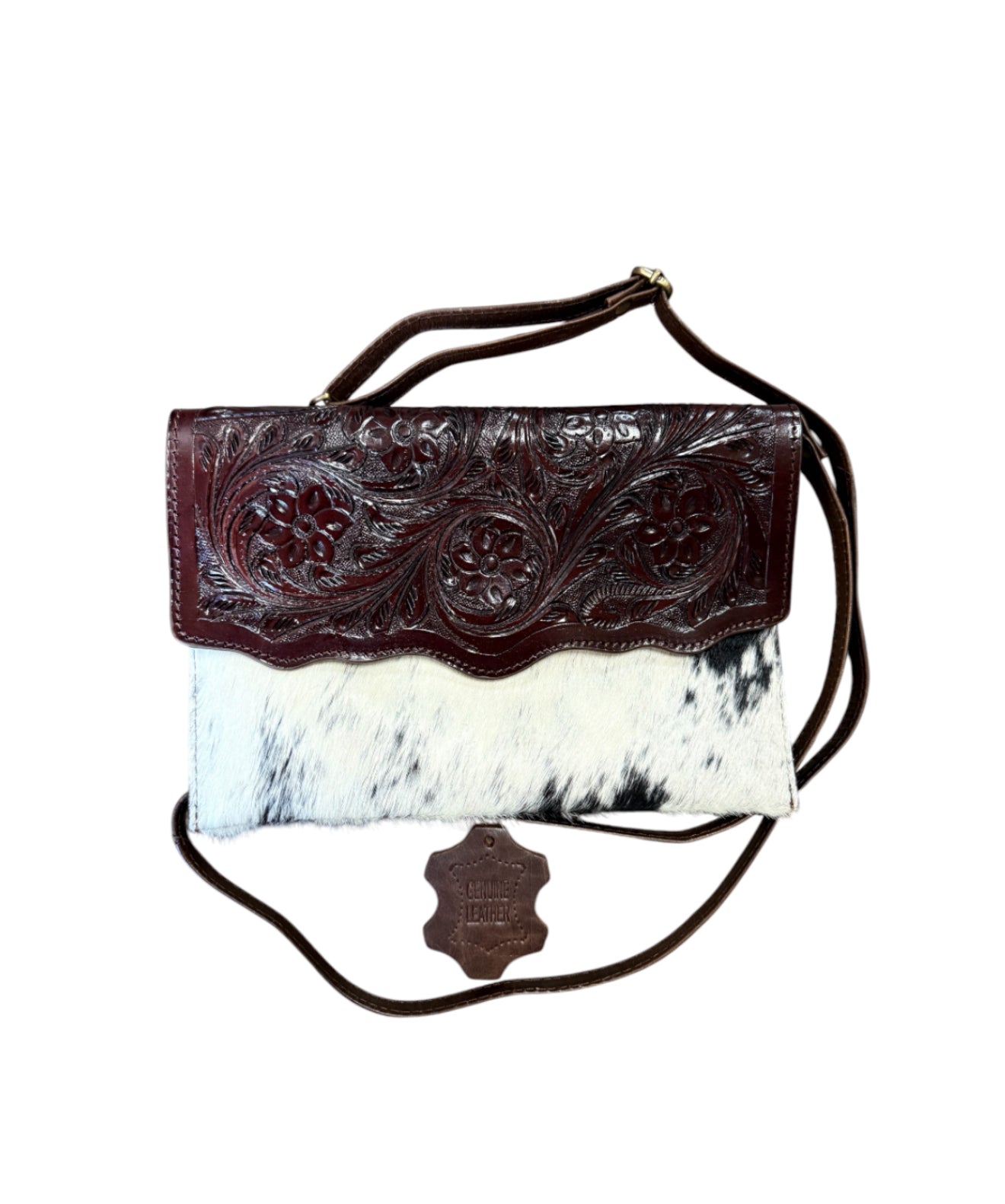77051 - Dark Leather Crossbody Bag with Black and White hair on cowhide