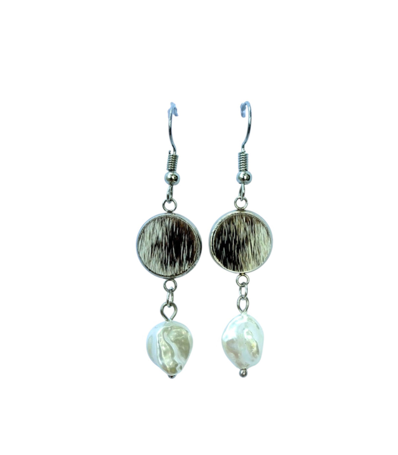 J6672B - 100% Hair on Hide Earrings with Pearl Drop - Rawhide Western Wear 