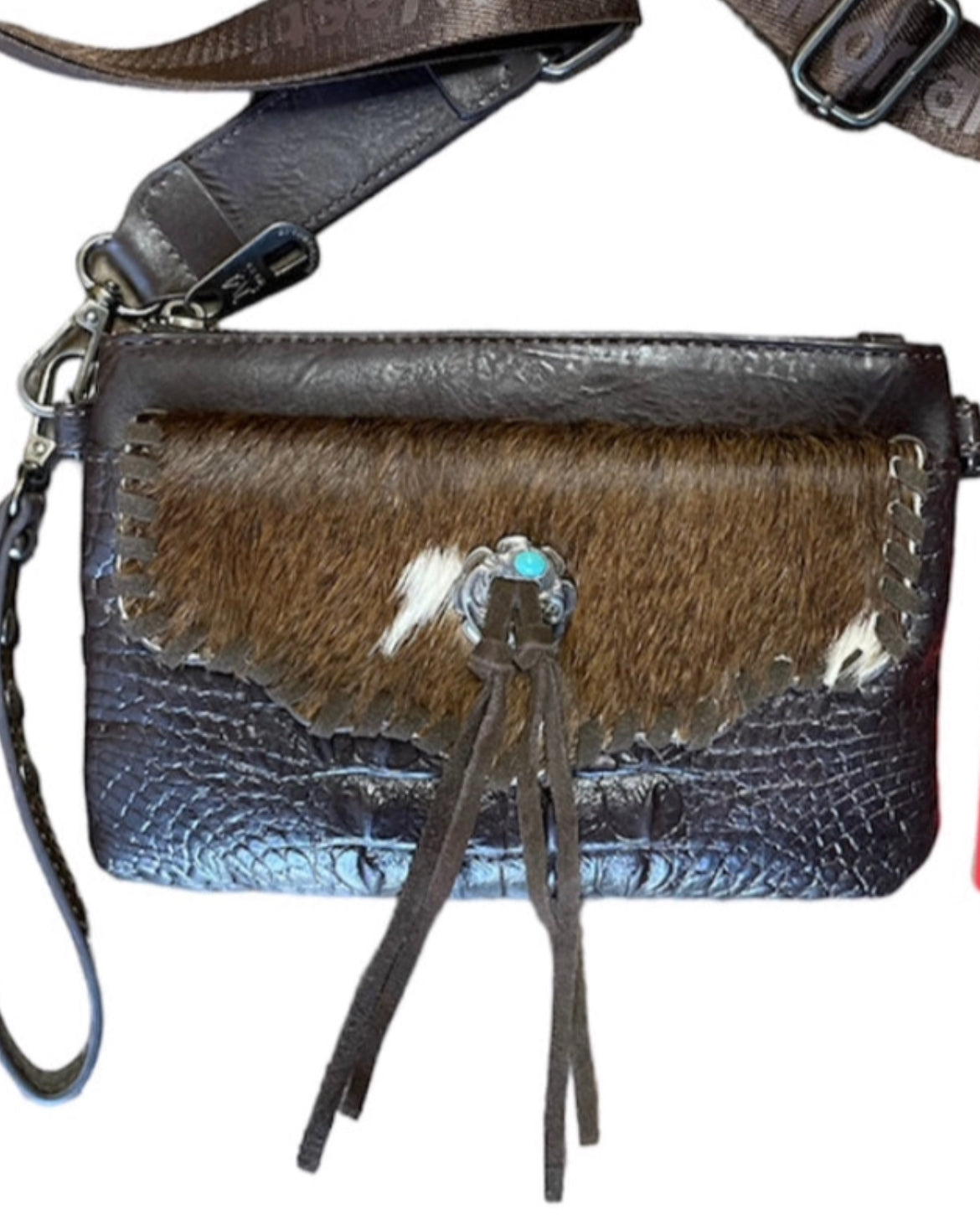 MW1268181CF Montana West Hair-On Cowhide Croc Embossed Clutch/Crossbody
