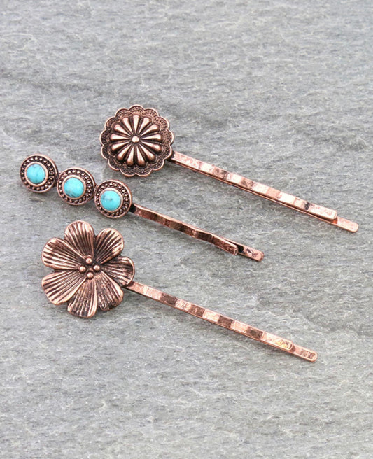 J6647 - 3Pcs Western Concho and Stone Hairpin Set