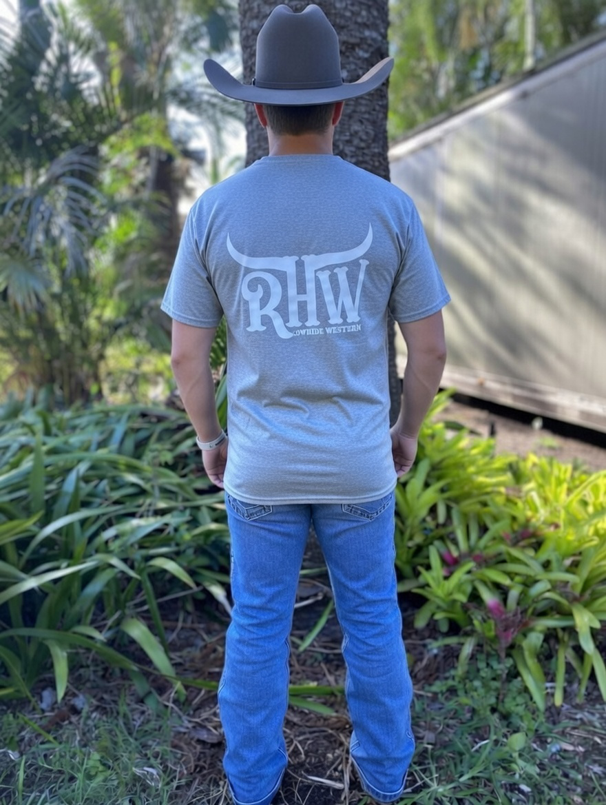 P4209 - Grey with white Logo Rawhide Round Neck Unisex Tee - Rawhide Western Wear 
