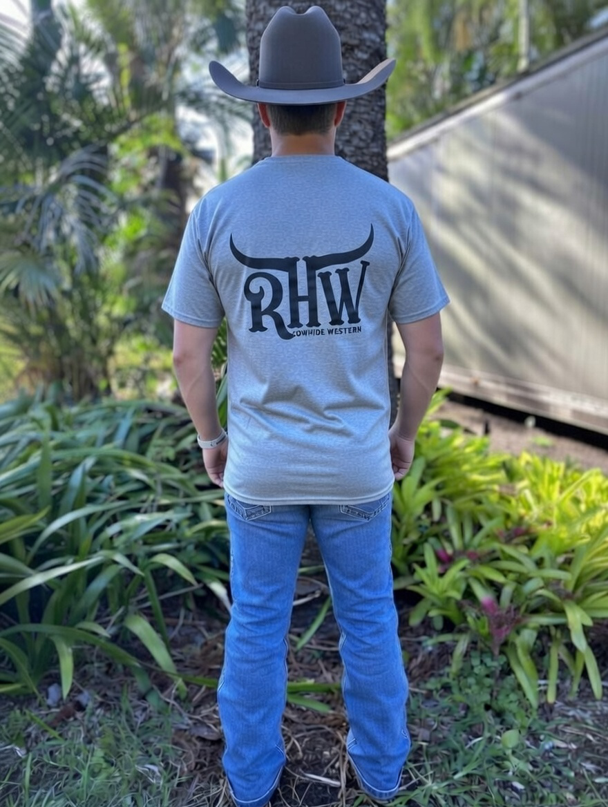 P4234 - Grey with black Logo Rawhide Round Neck Unisex Tee (Copy) - Rawhide Western Wear 