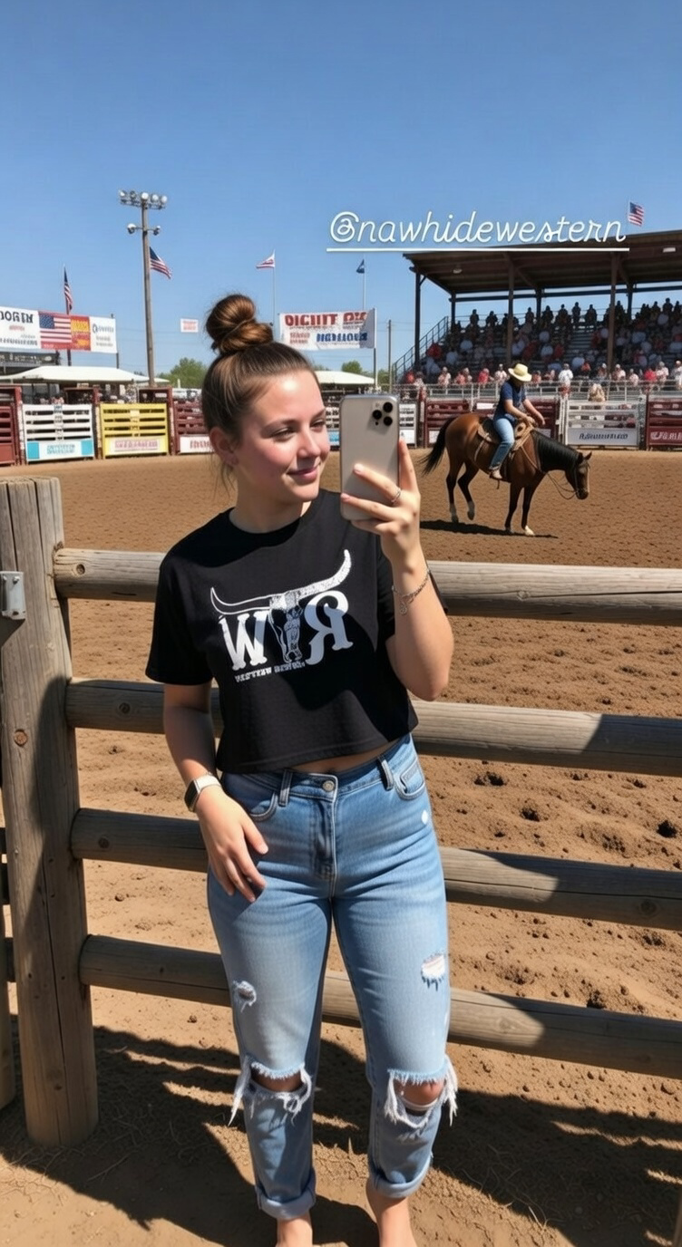 P4189 - Ladies Black Crop Rawhide Tee - Rawhide Western Wear 
