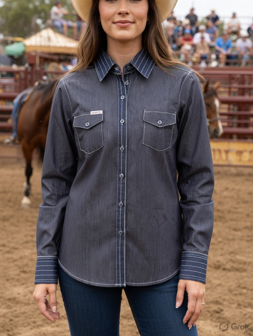 Stockyard Stripe Charcoal Ladies Rawhide Western Arena Shirt - Rawhide Western Wear 