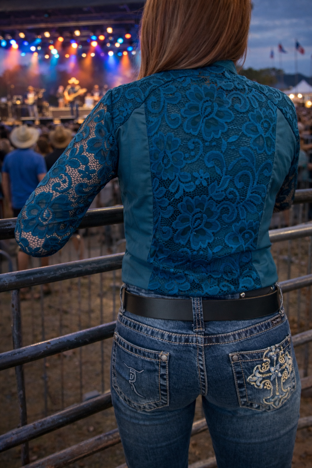 L1320 - BRIELLE Ladies Dark Teal 1/2 Lace Western Shirt | Fitted Cowgirl Arena Shirt - Rawhide Western Wear 