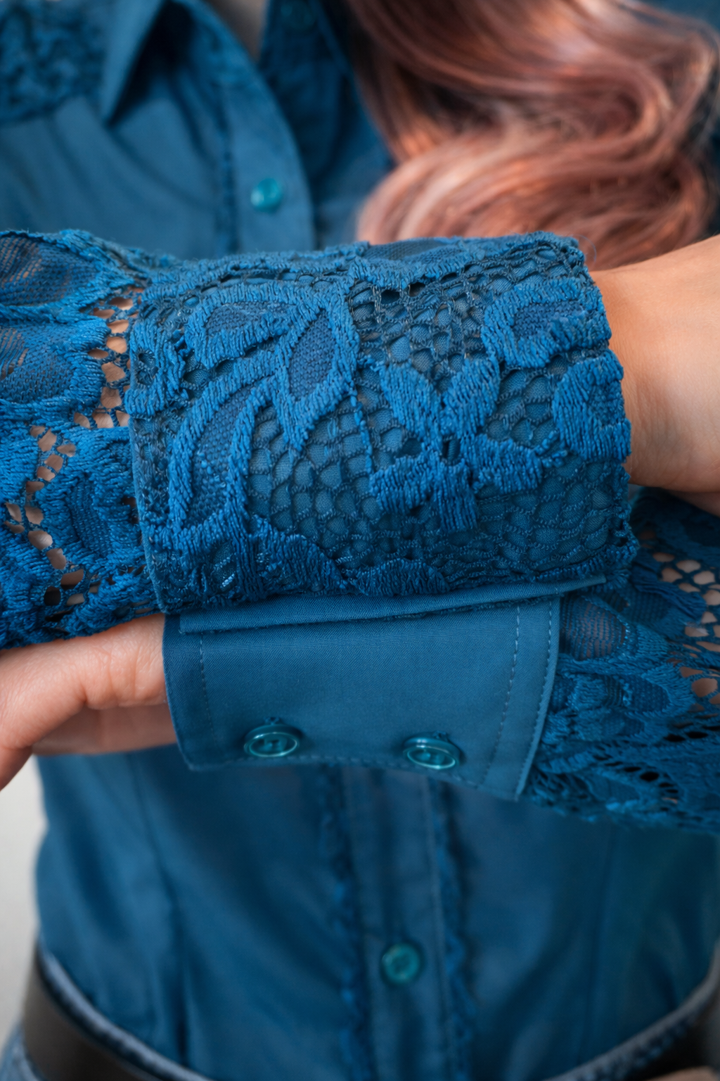 L1320 - BRIELLE Ladies Dark Teal 1/2 Lace Western Shirt | Fitted Cowgirl Arena Shirt - Rawhide Western Wear 