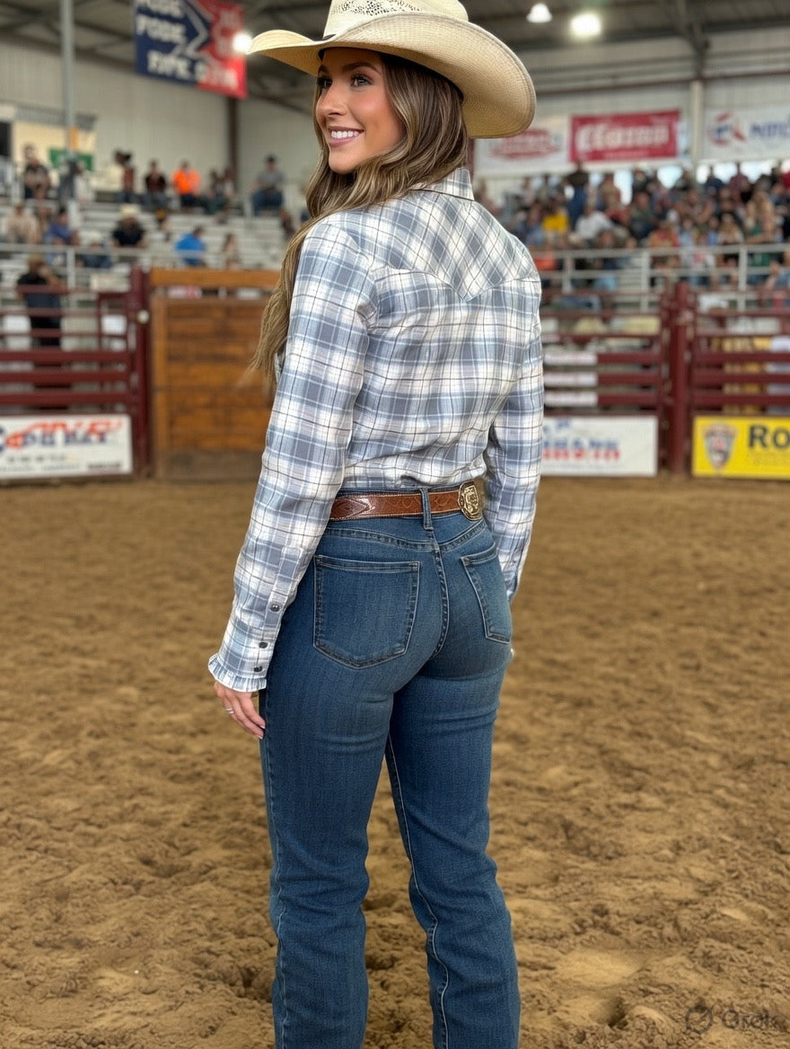 L1482 - Silver Spur Grey Check Ladies Rawhide Western Shirt | Fitted Arena Shirt - Rawhide Western Wear 