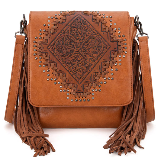 MW1299G9360BR - Montana West Tooled Fringe Collection Concealed Carry Crossbody Brown