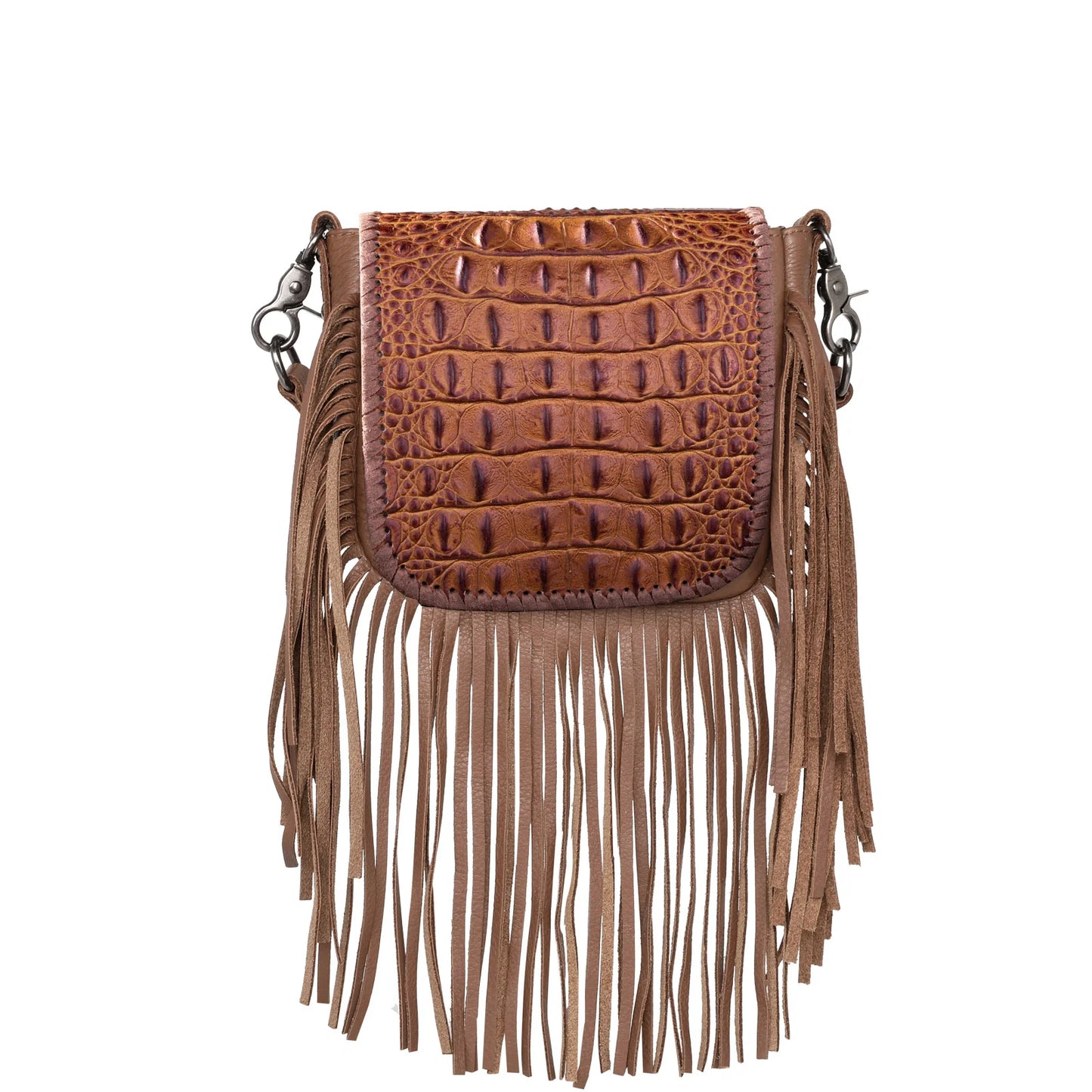 RLCL160A - Montana West Genuine Leather Hornback Embossed Croc Fringe Crossbody