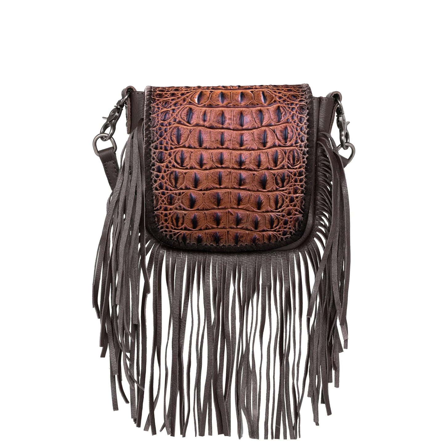 RLCL160A - Montana West Genuine Leather Hornback Embossed Croc Fringe Crossbody