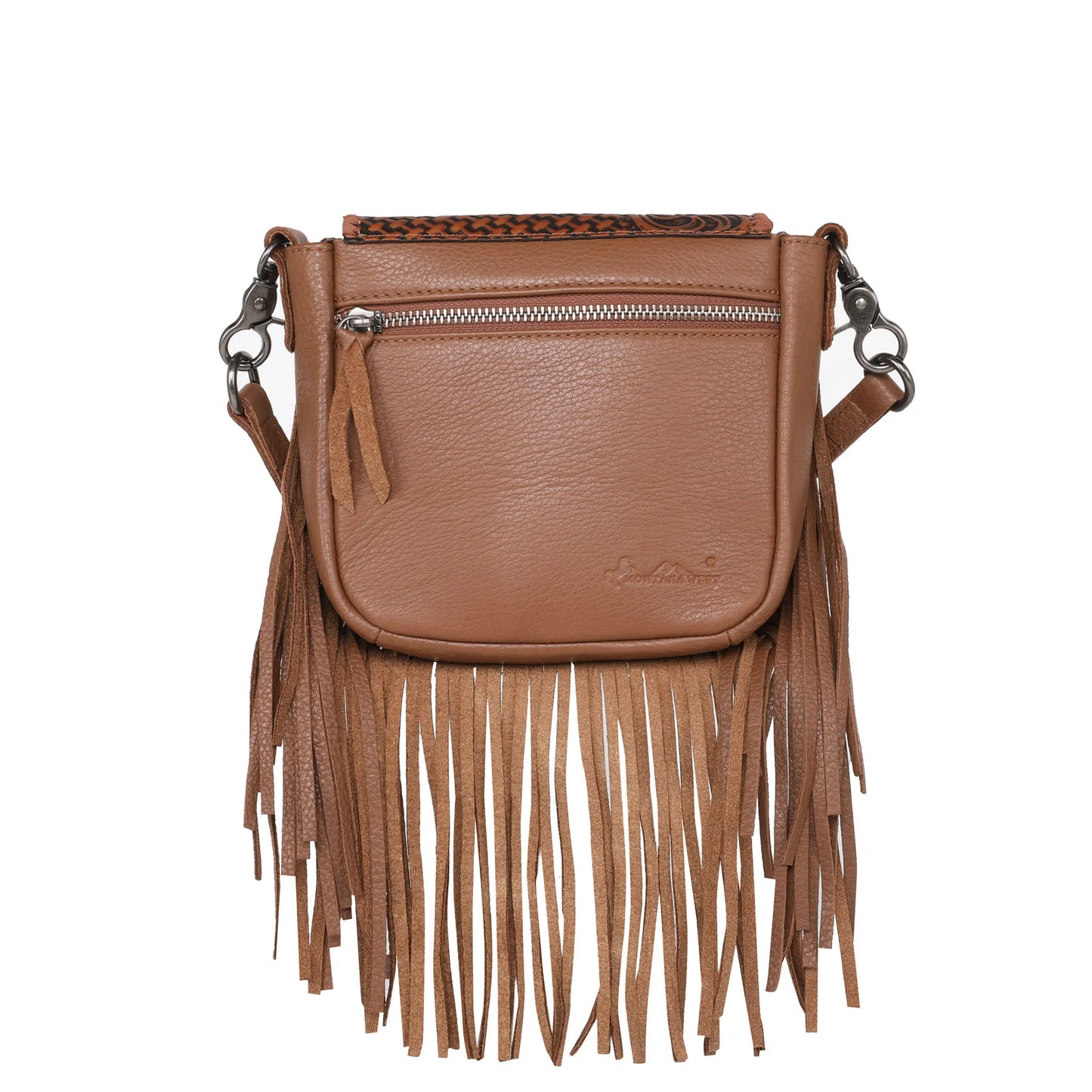RLCL162BR - Montana West Genuine Leather Tooled Collection Fringe Crossbody