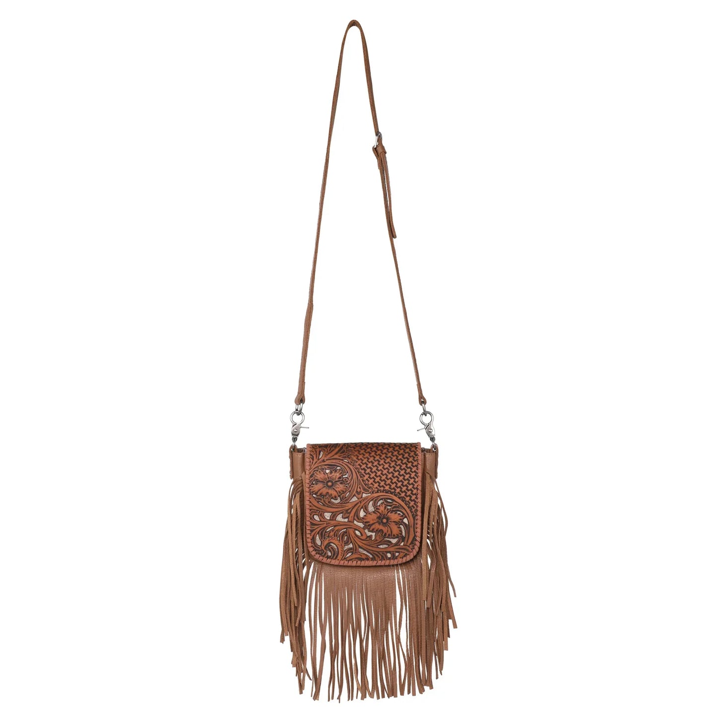 RLCL162CF - Montana West Genuine Leather Tooled Collection Fringe Crossbody