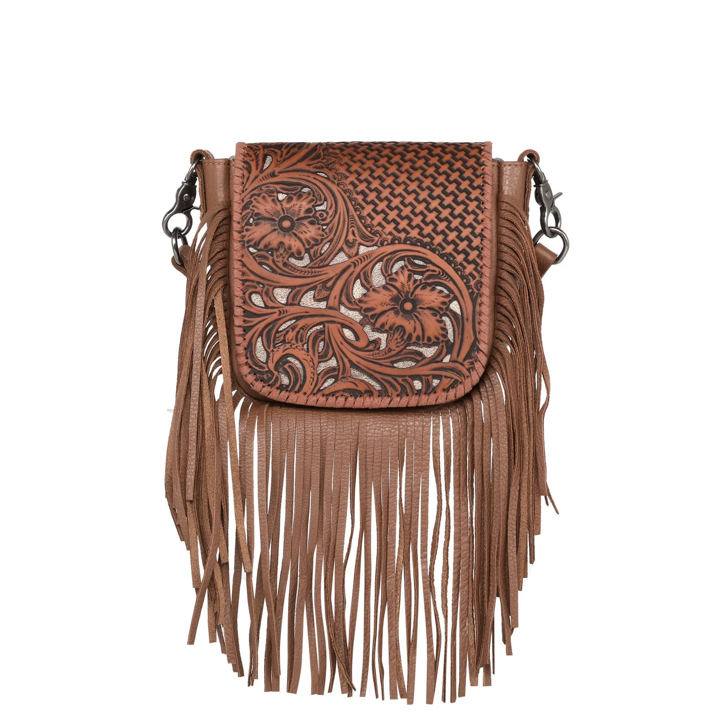 RLCL162BR - Montana West Genuine Leather Tooled Collection Fringe Crossbody