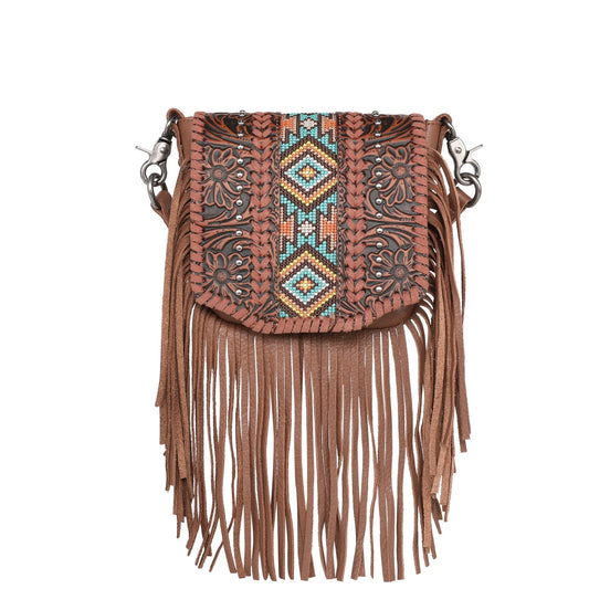 RLCL166BR - Montana West Genuine Leather Tooled Collection Fringe Crossbody