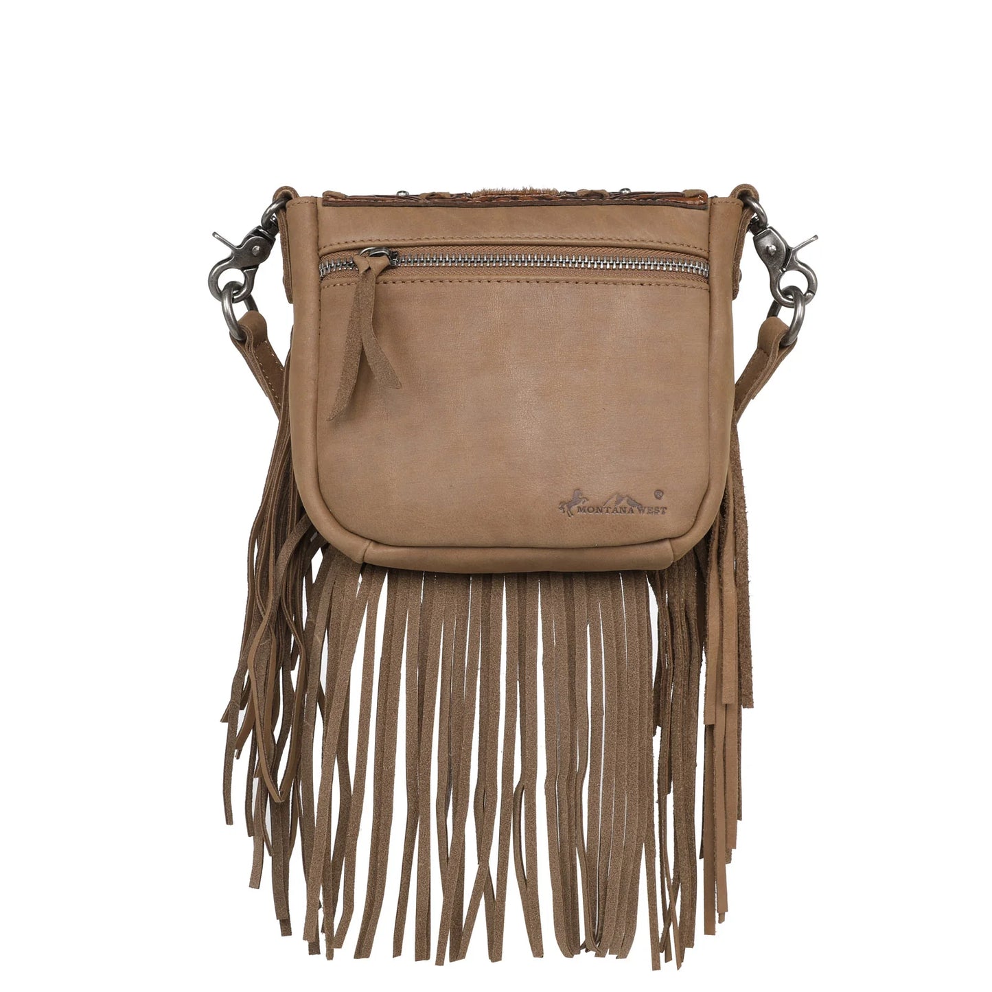 RLCL168BR - Montana West Genuine Leather Tooled Collection Fringe Crossbody