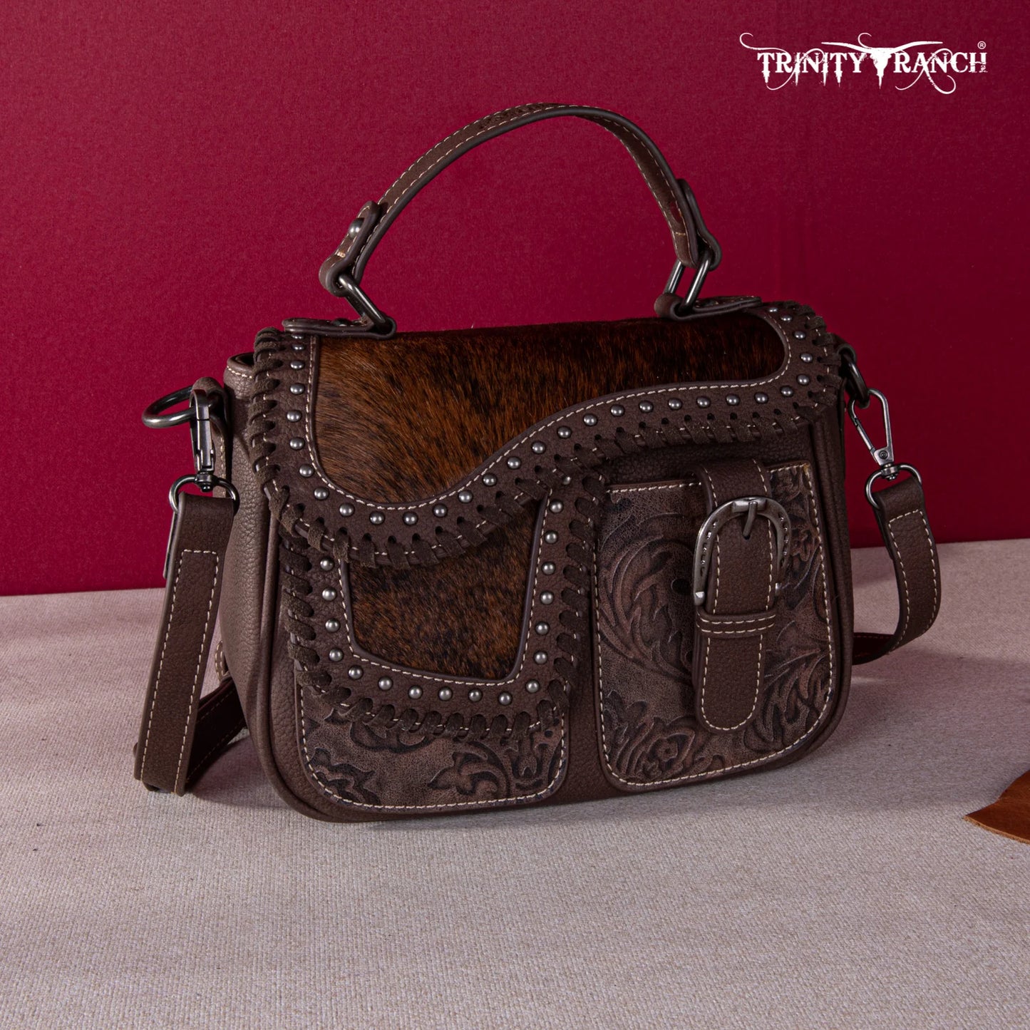 TR1498360CF - Trinity Ranch Hair-On Cowhide Saddle Shape Collection Crossbody/Satchel Coffee