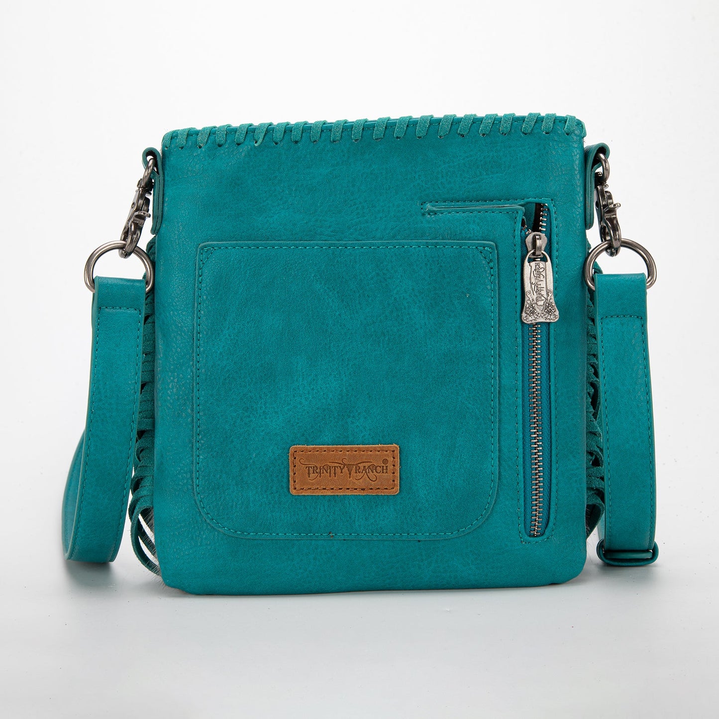 TR162G2001TQ - Trinity Ranch Hair-On Cowhide Fringe Concealed Carry Crossbody Bag -Turquoise