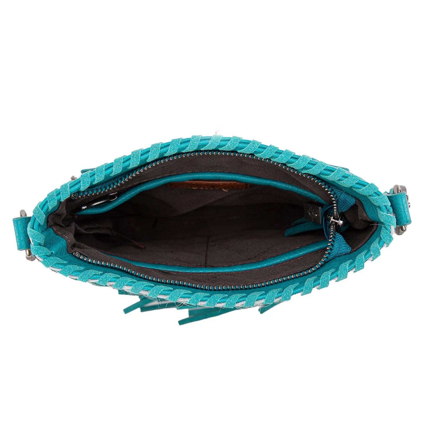 TR162G2001TQ - Trinity Ranch Hair-On Cowhide Fringe Concealed Carry Crossbody Bag -Turquoise