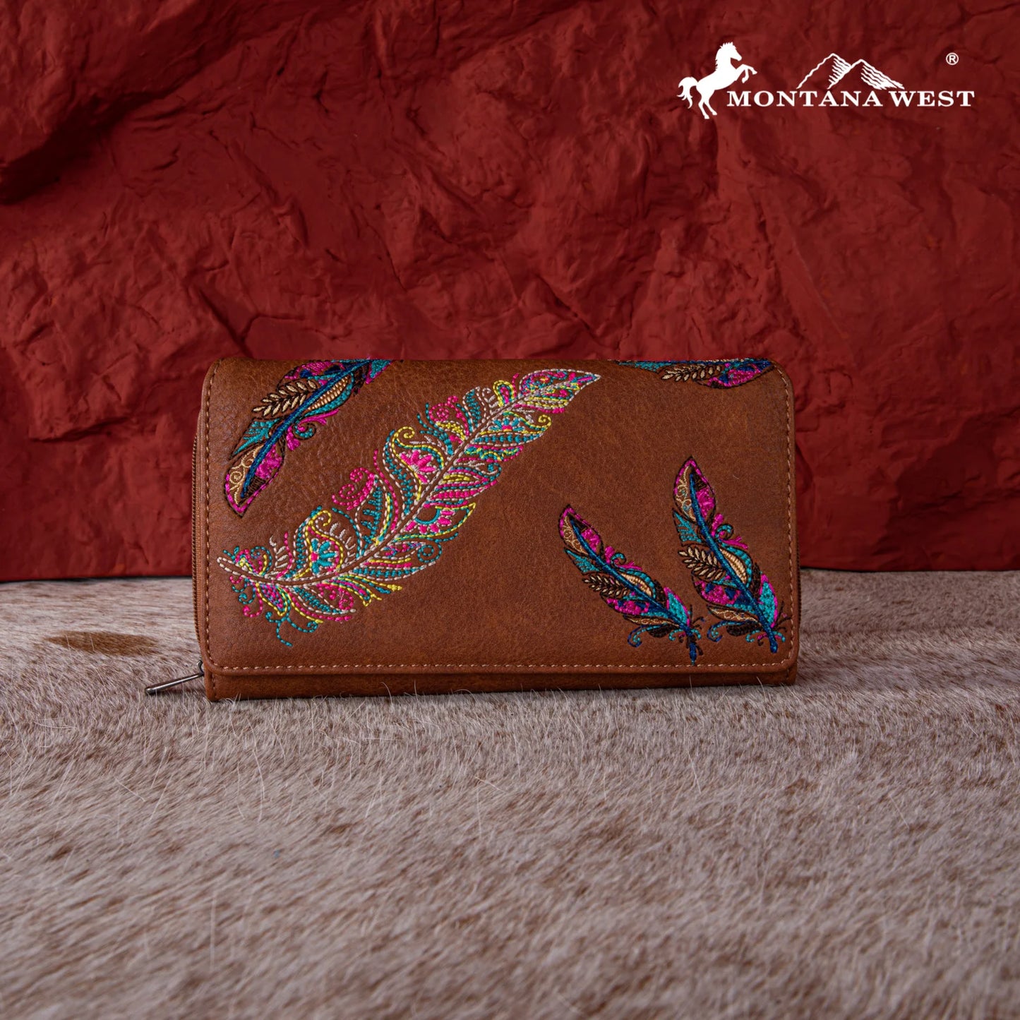 MW1242W010BR- Montana West Feather Embroidered Collection Wallet