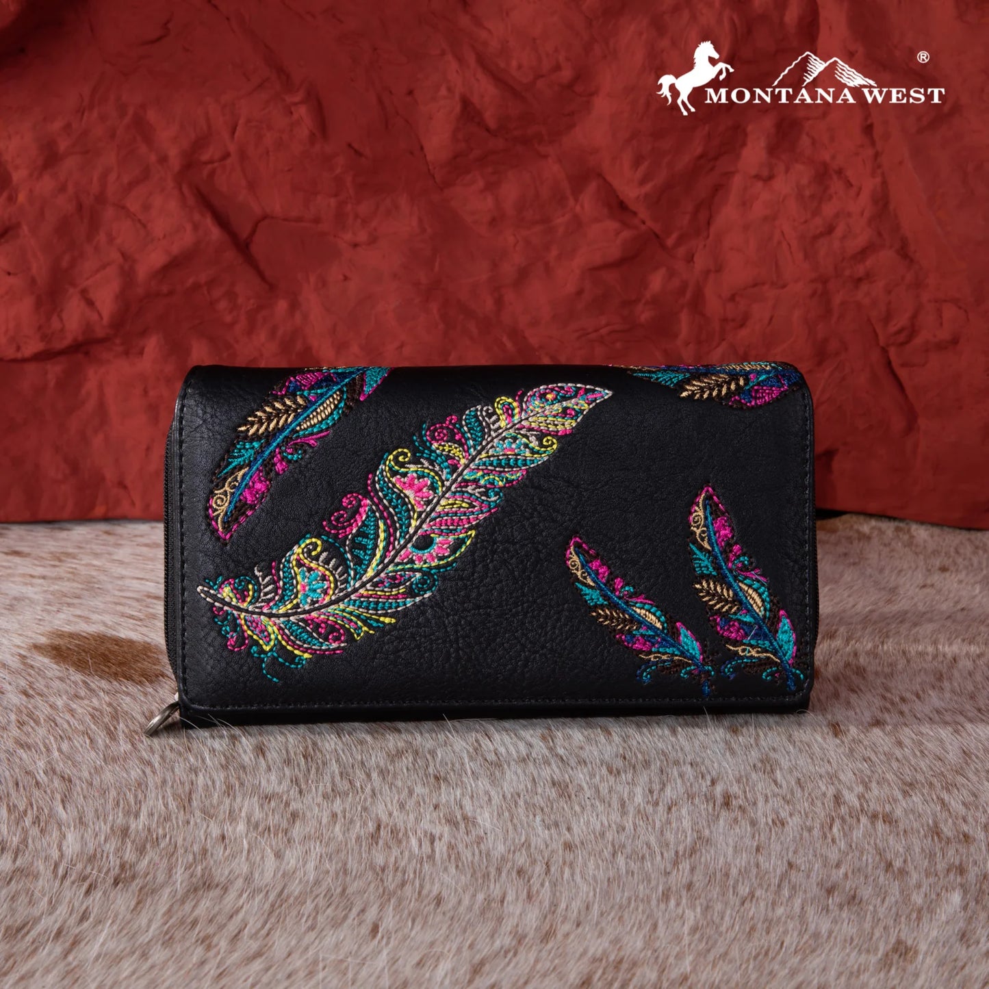 MW1242W010BK - Montana West Feather Embroidered Collection Wallet Black
