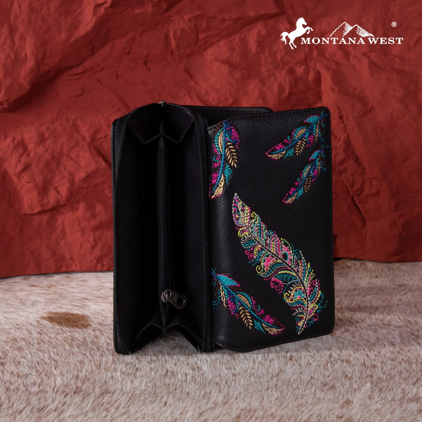 MW1242W010BK - Montana West Feather Embroidered Collection Wallet Black