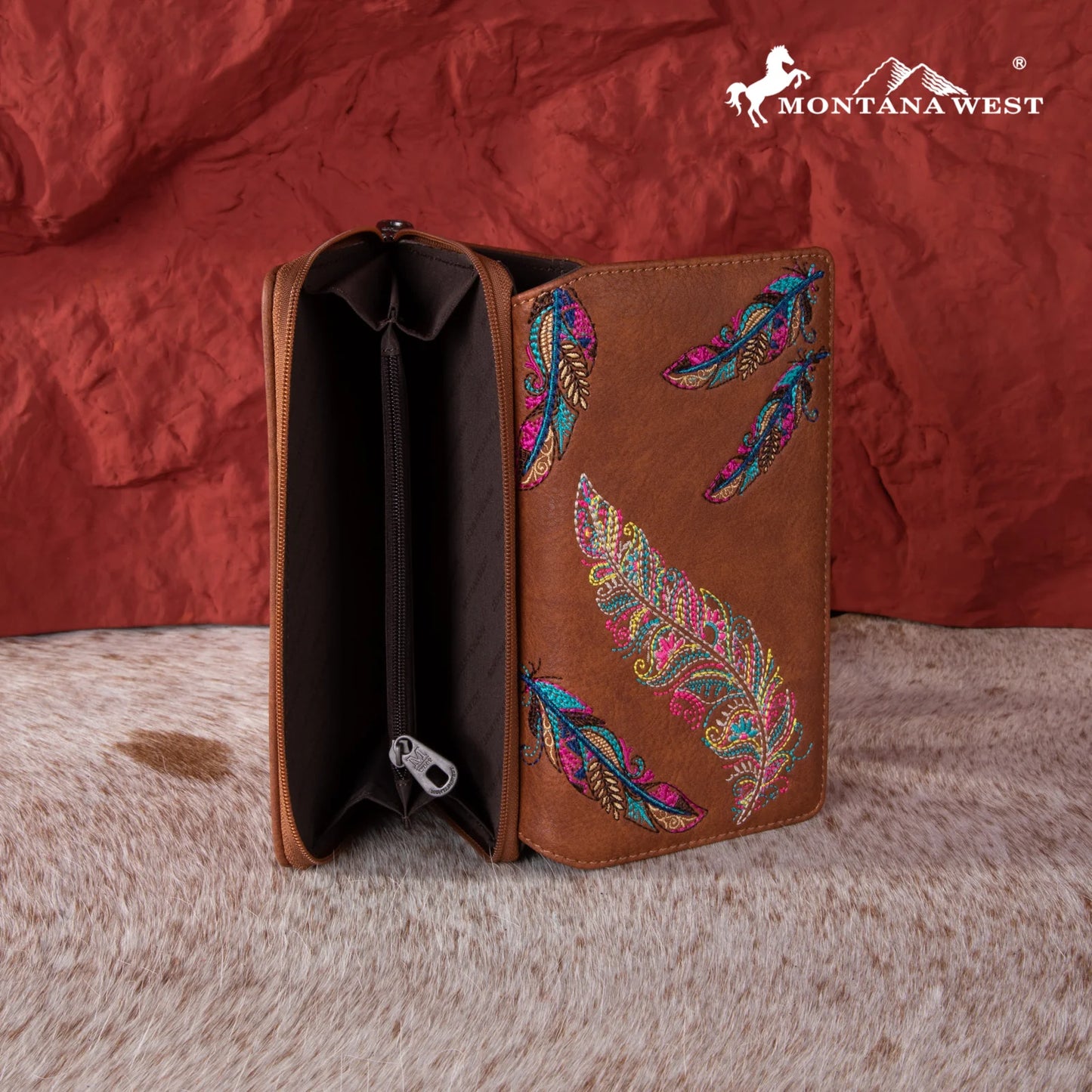 MW1242W010BR- Montana West Feather Embroidered Collection Wallet