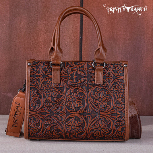 TR1648250BBR - Trinity Ranch Floral Tooled Concealed Carry Tote/Crossbody