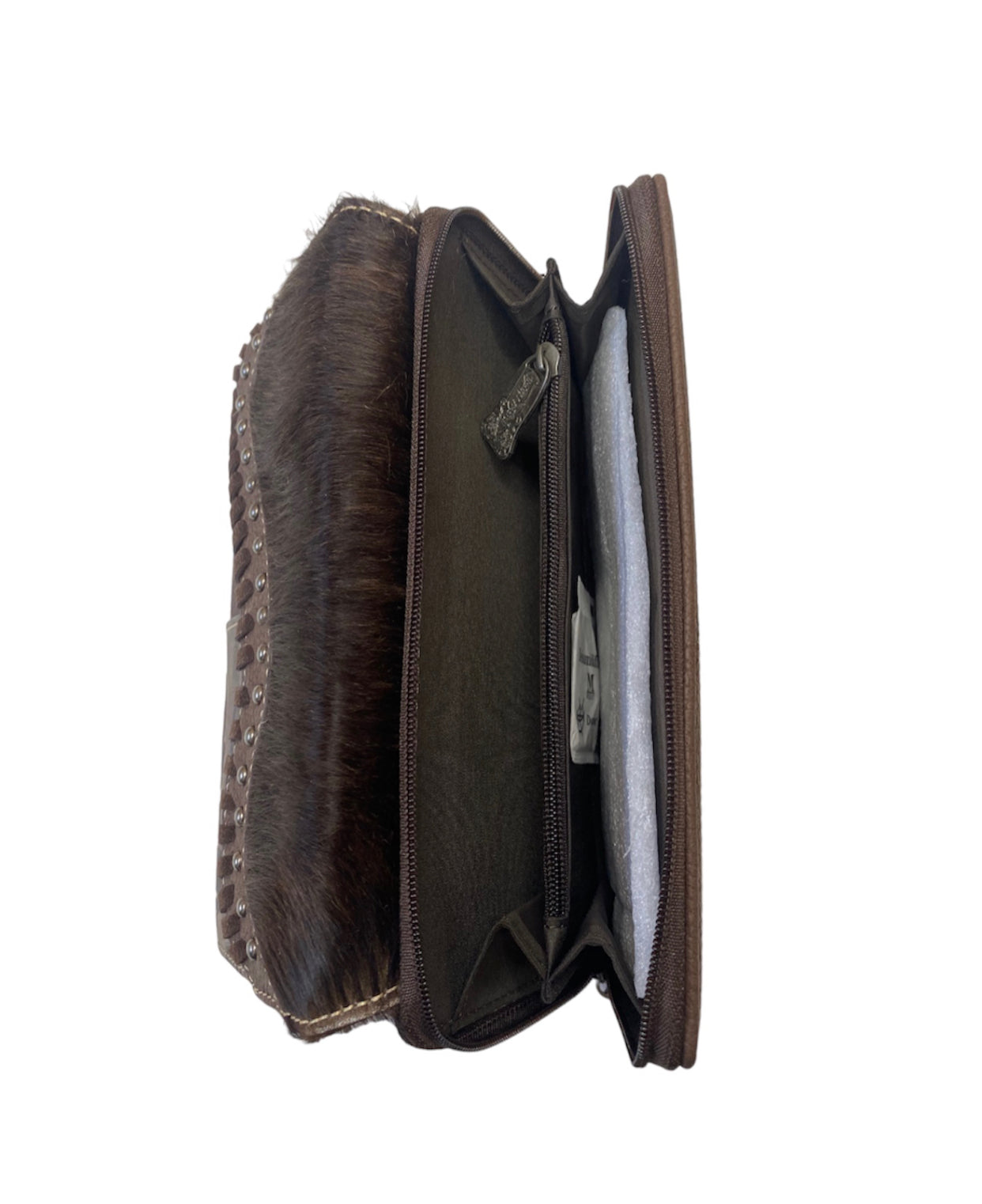 TR149W010 - Trinity Ranch Hair-On Cowhide Saddle Shape Collection Wallet