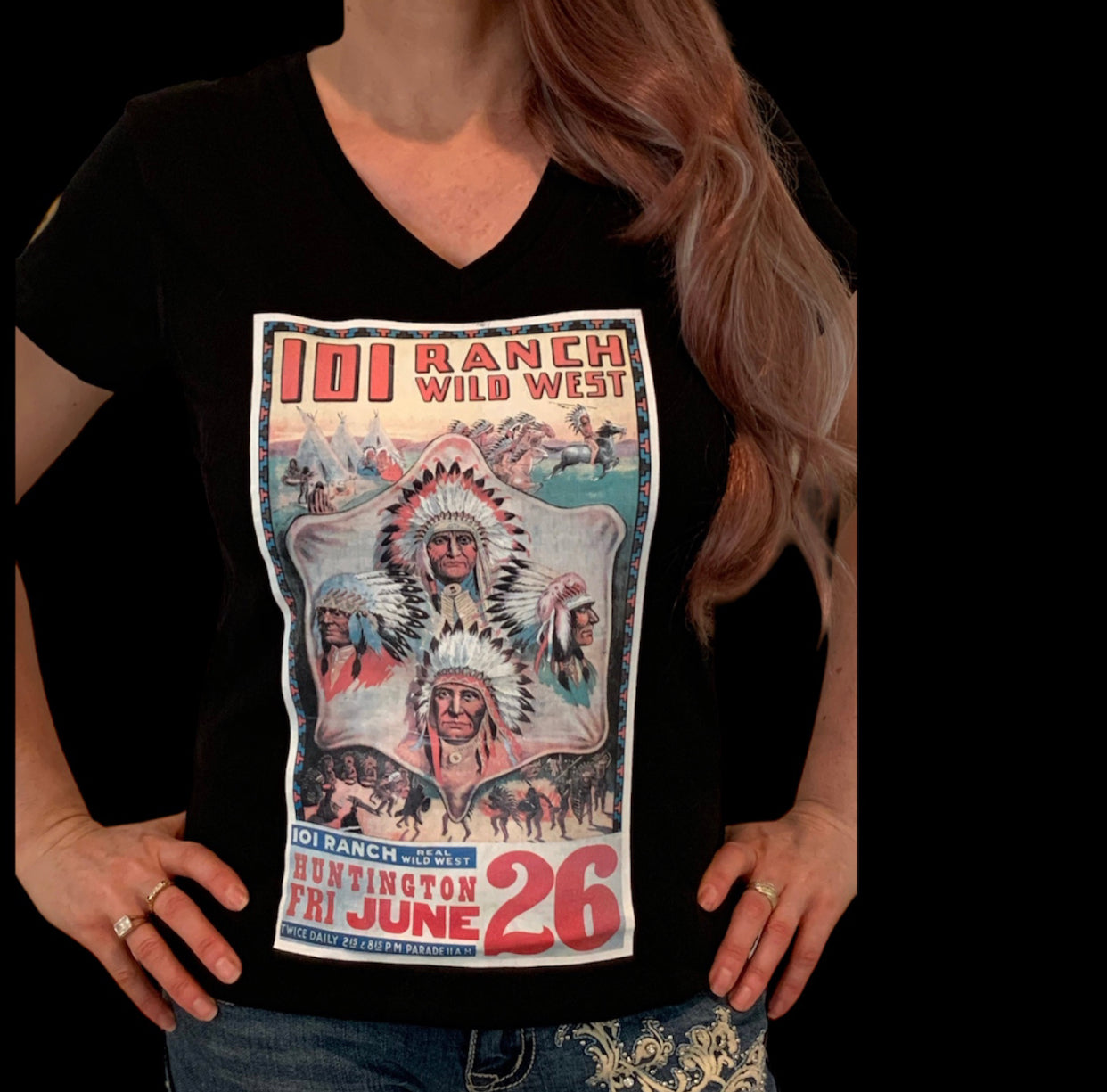 P4036  - Ranch Wild West Ladies Black V Neck T - Rawhide Western Wear 