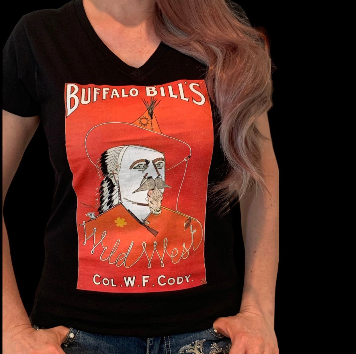 P4035  - Red Buffalo Ladies Black V Neck T - Rawhide Western Wear 