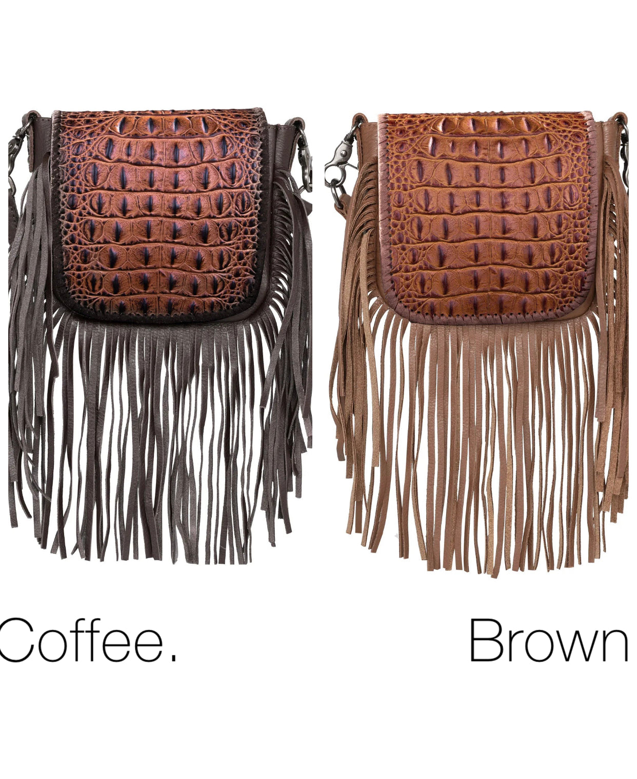 RLCL160A - Montana West Genuine Leather Hornback Embossed Croc Fringe Crossbody