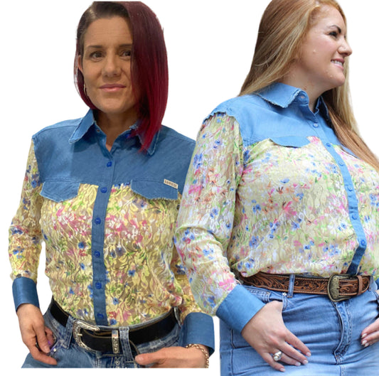 L1440 - Binda Ladies Western Denim & Lace Shirt