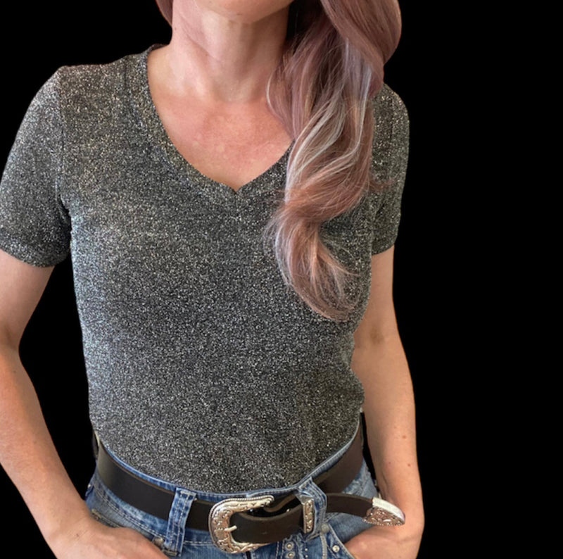 L1380  - Gunmetal Ladies Glitter V-Neck T