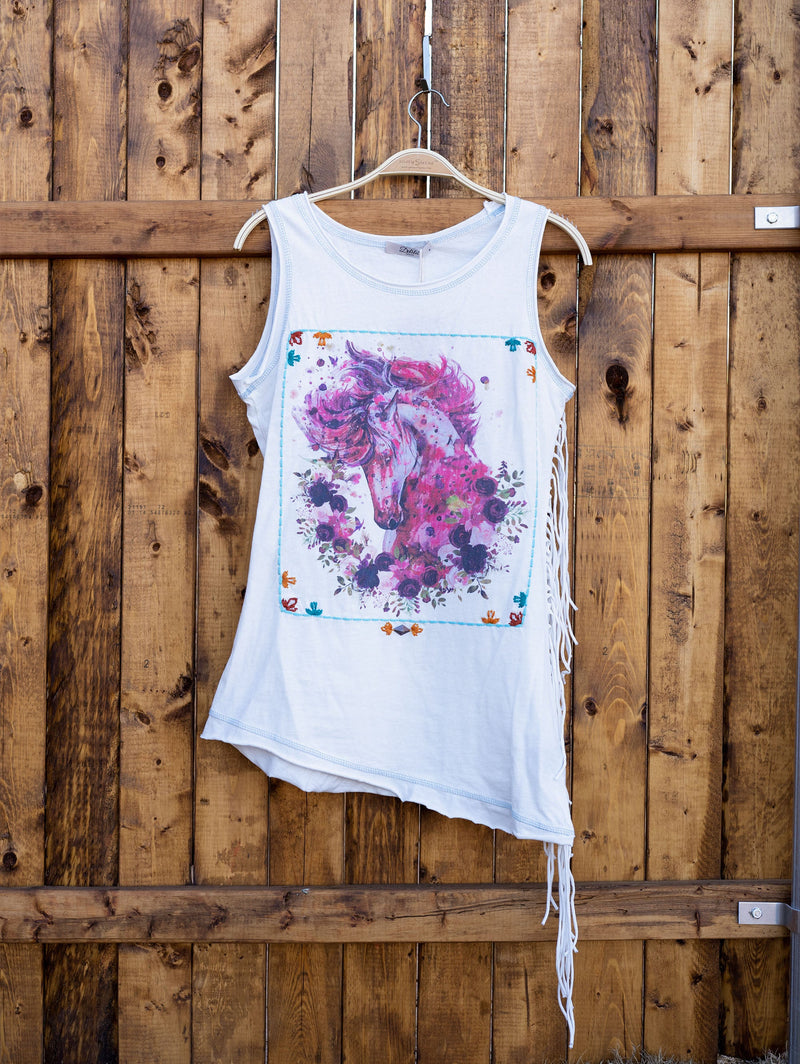 DLT024 - Mineral Wash Hand Stitching Floral Horse Graphic Tassel Sleeveless Tee