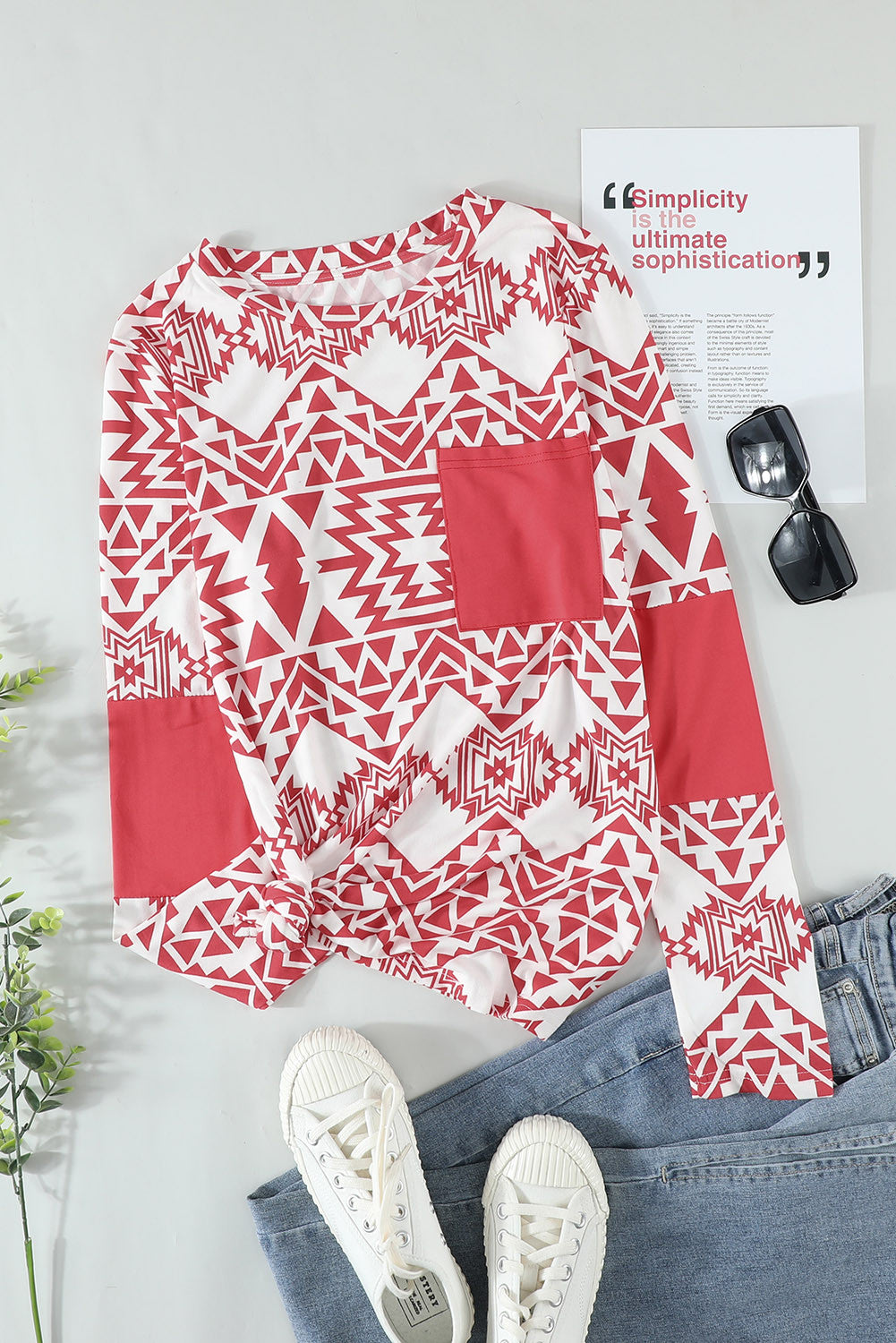L1417 - Aztec Print Splicing Pocket Long Sleeve Top