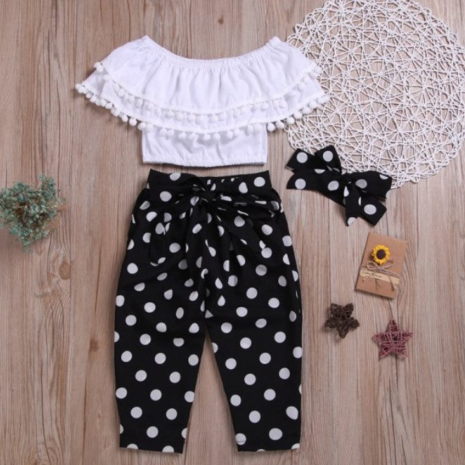 K2042 - 3-piece Solid Tassel Tops & Polka Dot Pants & Headband for Toddler Girl