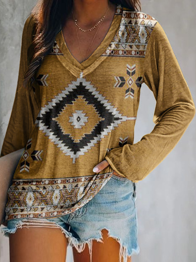 ABSQ3715 - Yellow Aztec Ethnic Geometric Print V Neck Long Sleeve Top