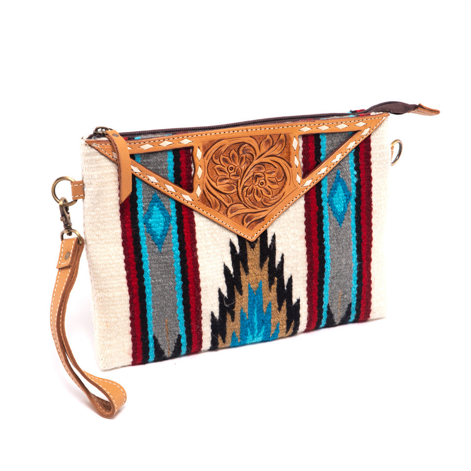 A8111 - White Saddle Blanket Large Clutch with Tooled Leather