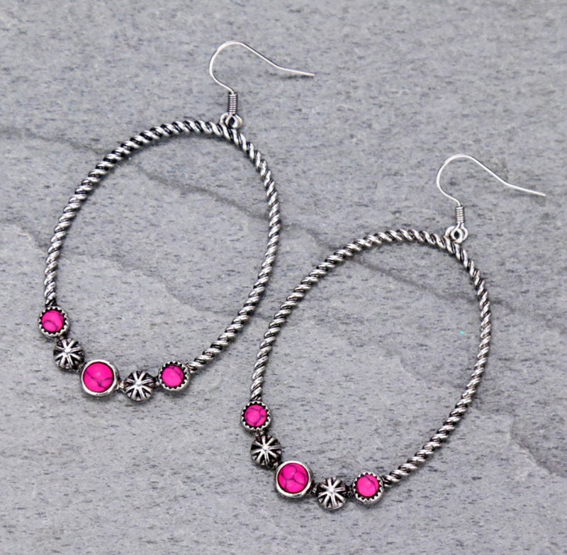 J6467 - Pink Stone with Hoop Dangle Earrings