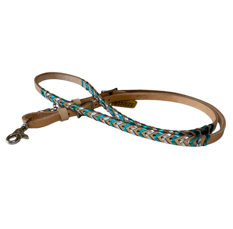 T5499 - Double Laced Metalic Turq & Silver Aust Made Laced Barrel Reins